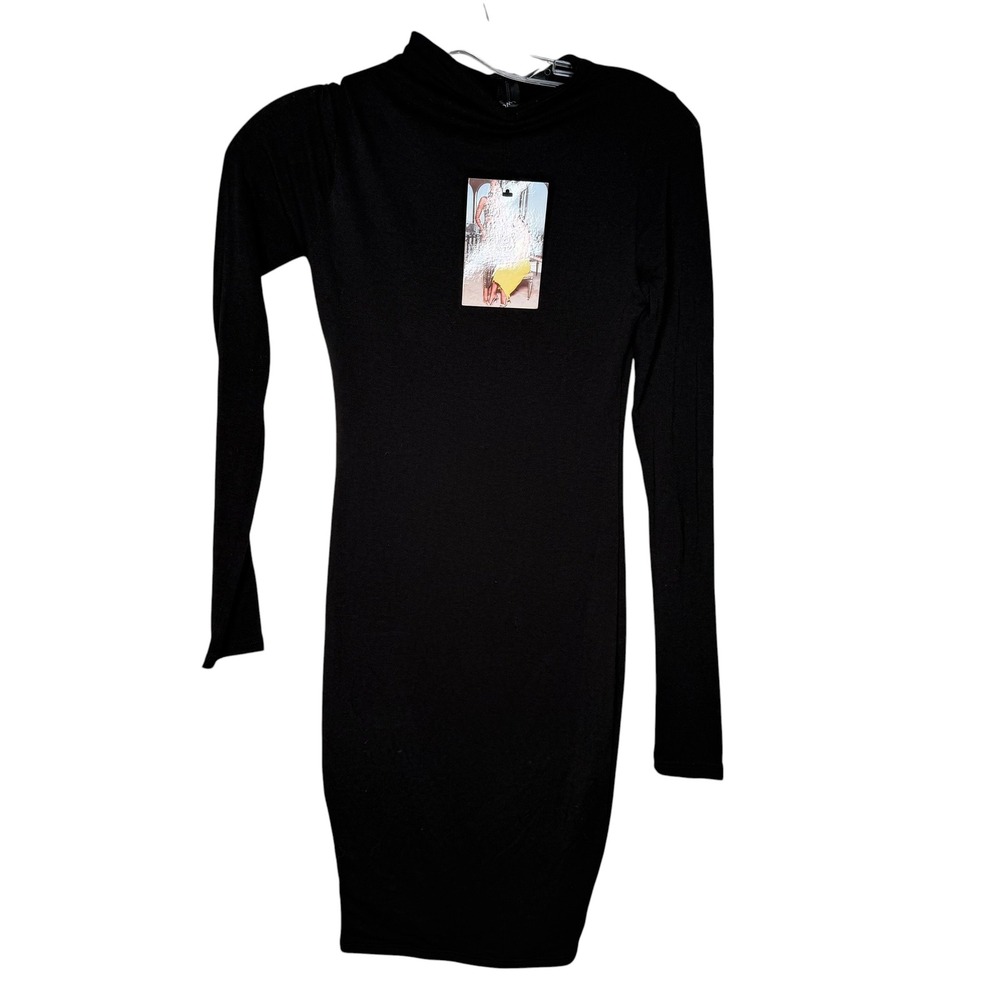 NAKED WARDROBE Bodycon Dress Black Mock Neck Long Sleeve Women's Small‎ FLAWED